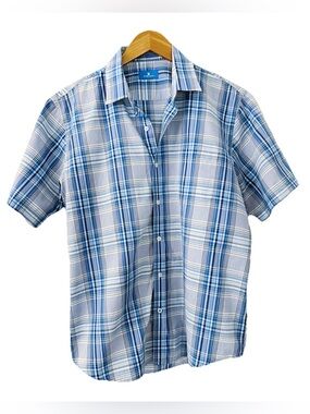 Toscano Blue Gray Plaid Short Sleeve Button Down Shirt Size Large